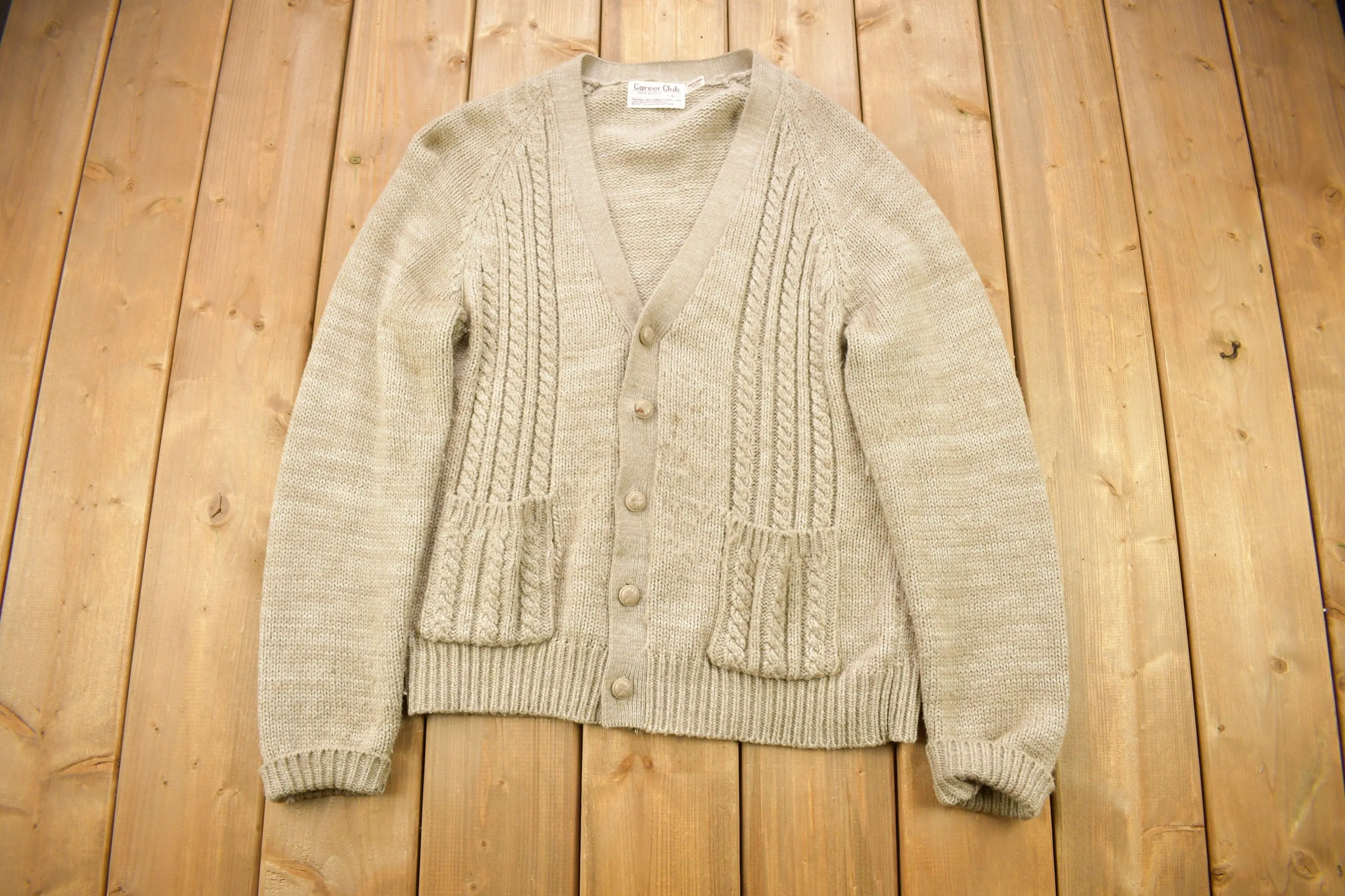 Vintage 1980s Career Club Cable Knitted Cardigan Sweater