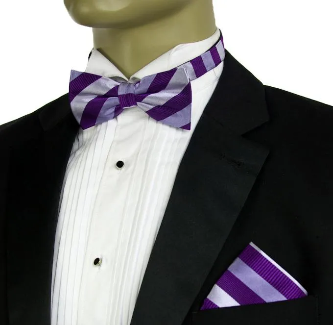 Violet Striped Silk Bow Tie and Pocket Square