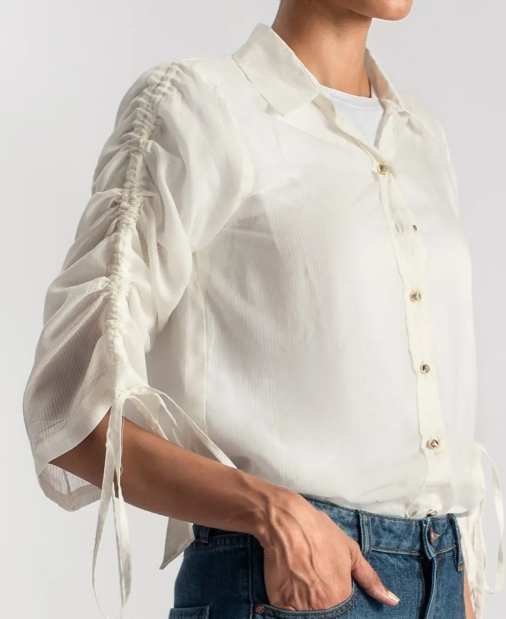 White Button Down Shirt with Stringed Sleeves