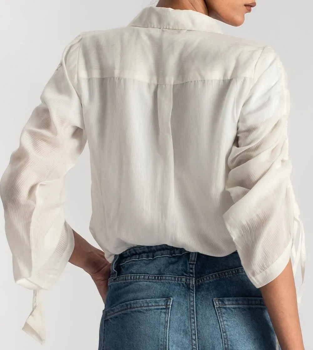 White Button Down Shirt with Stringed Sleeves