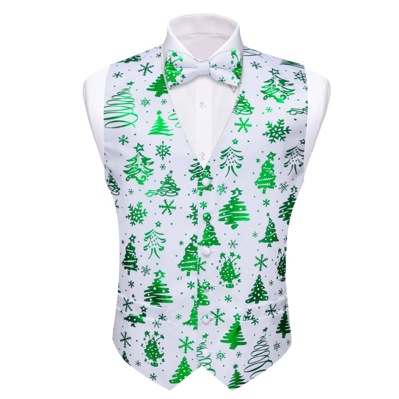 White Green Christmas Tree Novelty Silk Men's Vest Bow Tie Set Waistcoat Suit Set