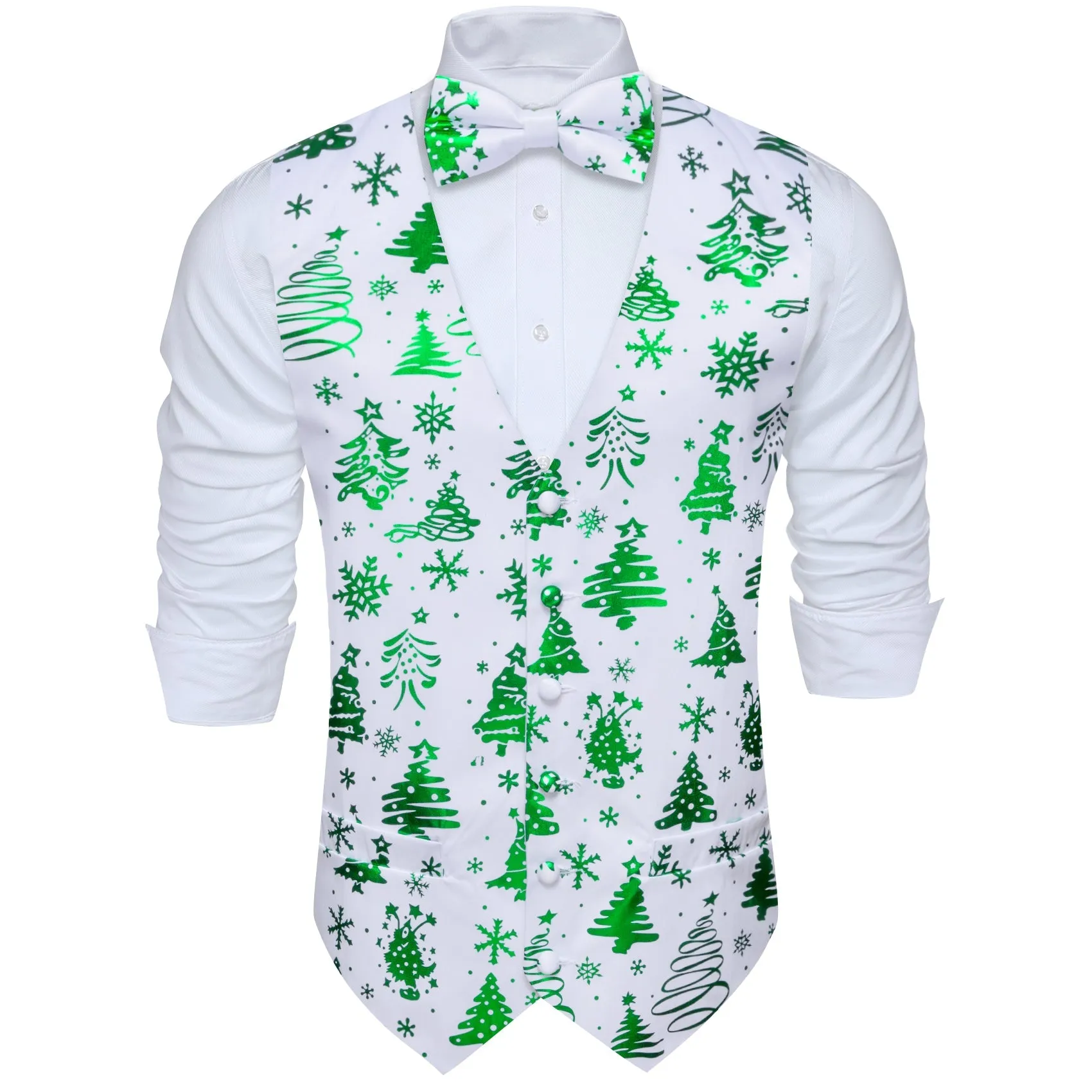 White Green Christmas Tree Novelty Silk Men's Vest Bow Tie Set Waistcoat Suit Set