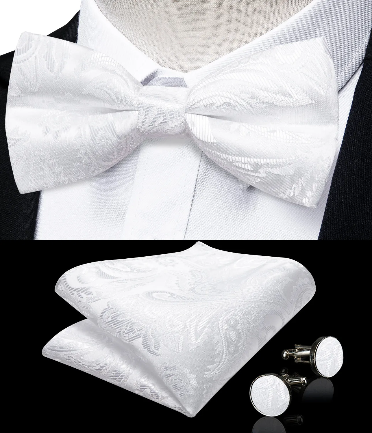 White Paisley Jacquard Silk Men's Collar Vest Bow Tie Handkerchief Cufflinks Set