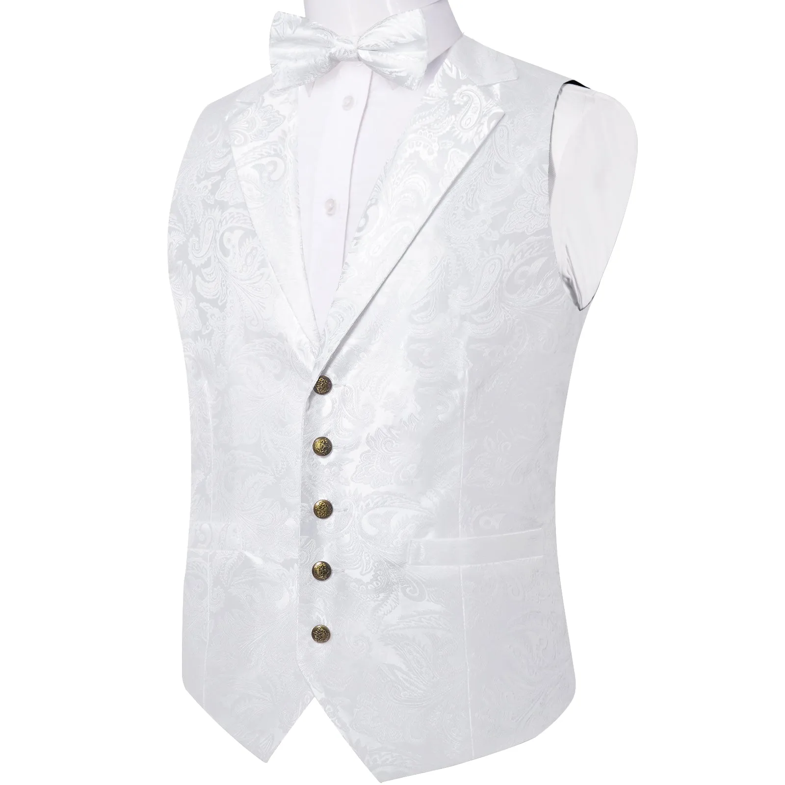 White Paisley Jacquard Silk Men's Collar Vest Bow Tie Handkerchief Cufflinks Set