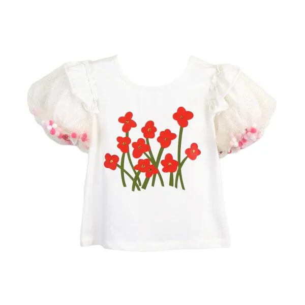 White Pom Pom Puff Slv Tee w/ Floral Print