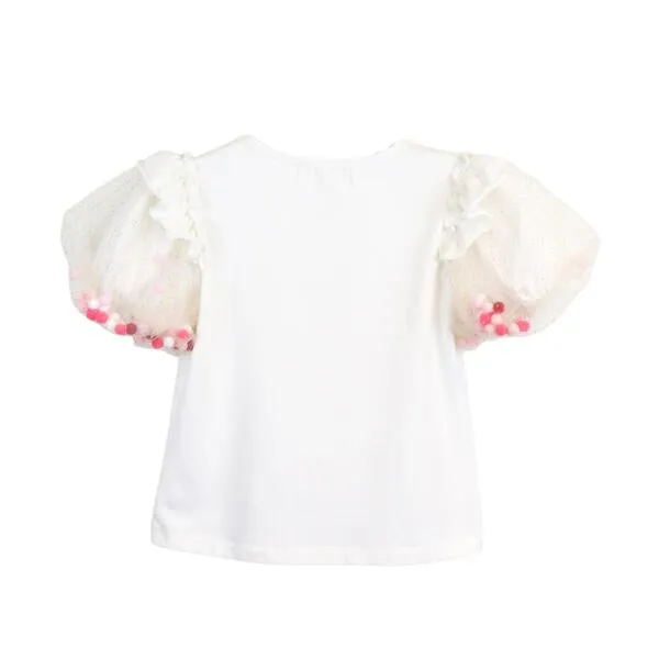 White Pom Pom Puff Slv Tee w/ Floral Print