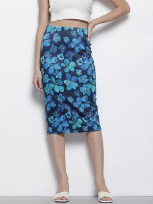 Women Navy Floral Scuba Pencil Skirt