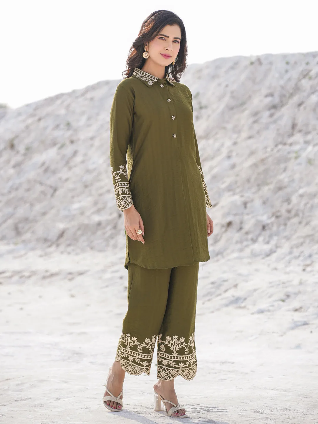 Women olive pure silk Co-ord set with gota work detailing