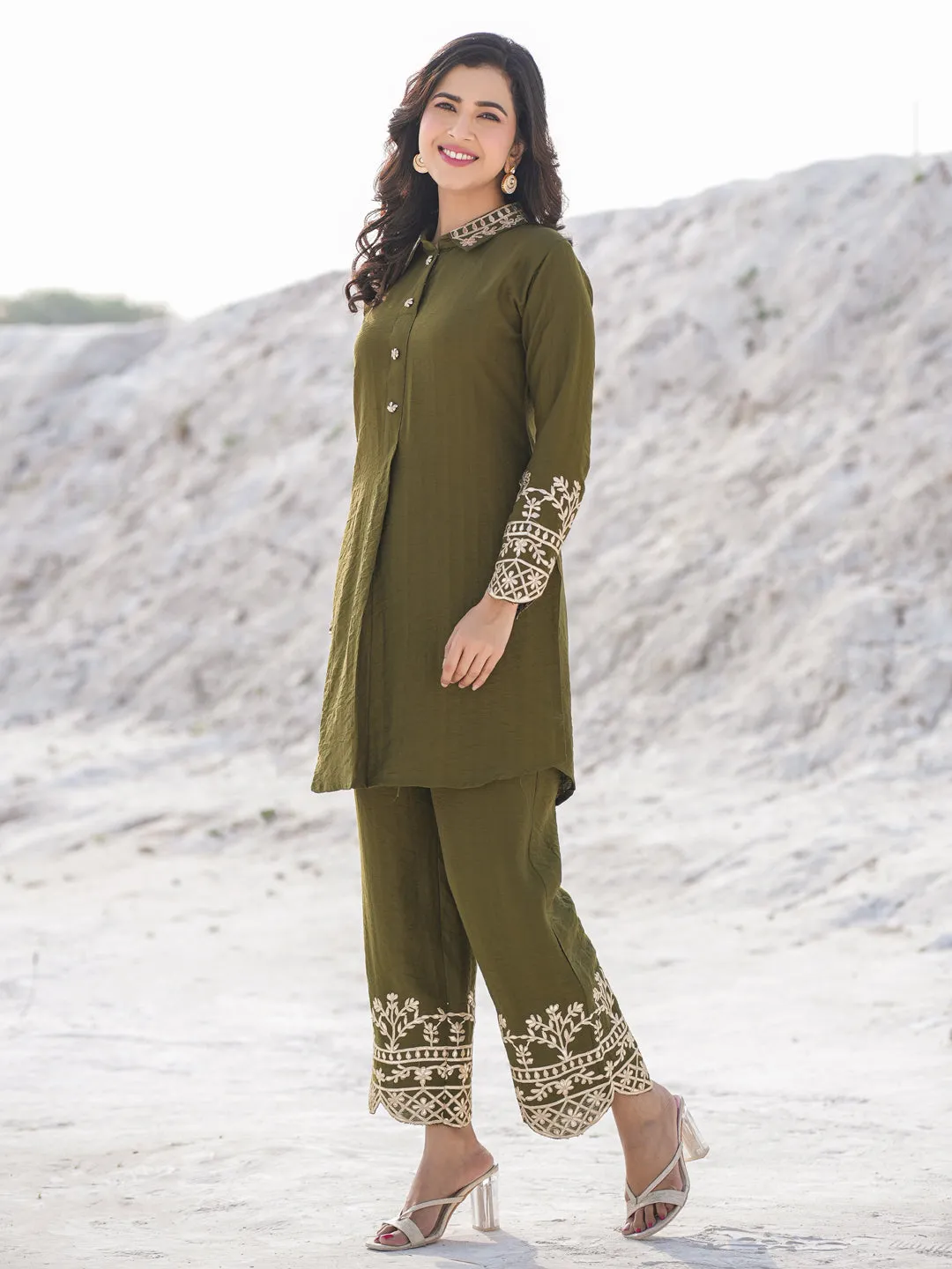 Women olive pure silk Co-ord set with gota work detailing