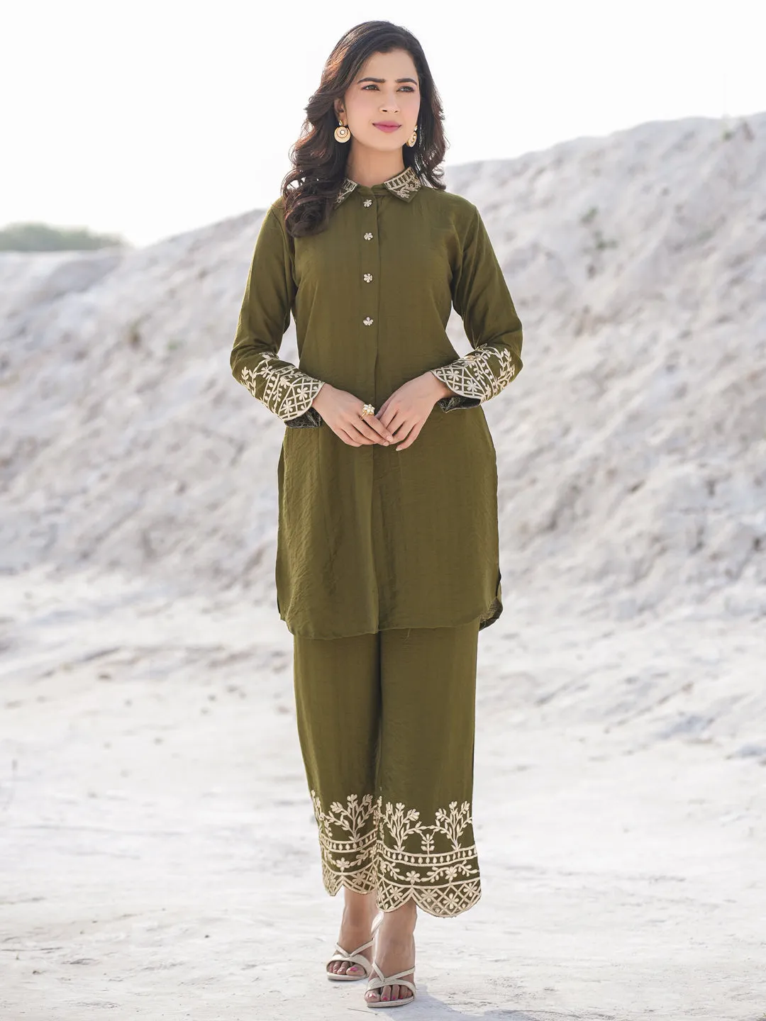 Women olive pure silk Co-ord set with gota work detailing