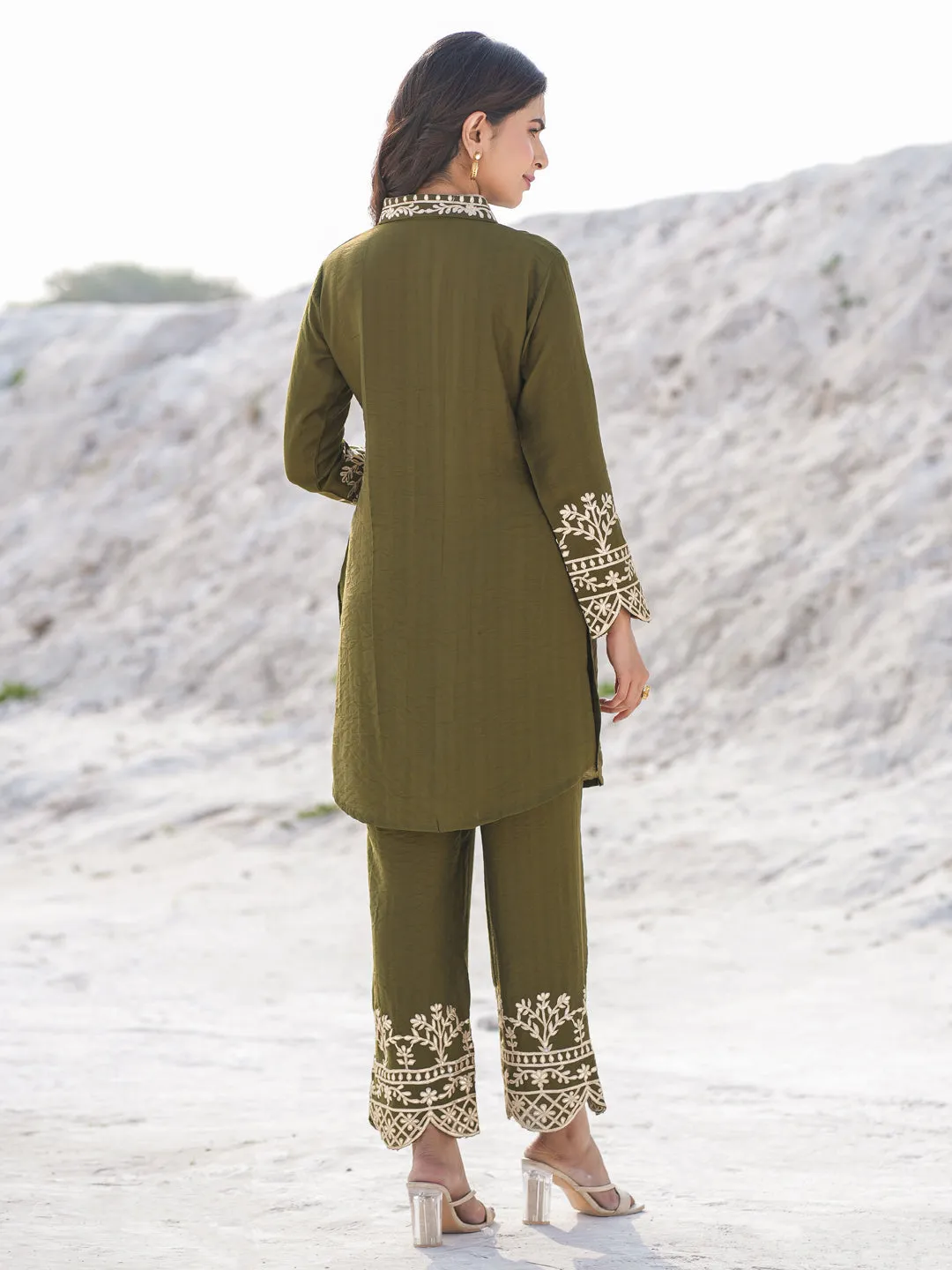 Women olive pure silk Co-ord set with gota work detailing