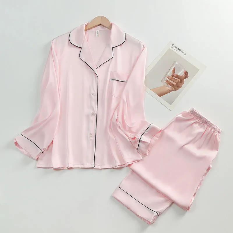 Women's Silk Lapel Collar Long Sleeved Shirt and Pants Pajamas Set