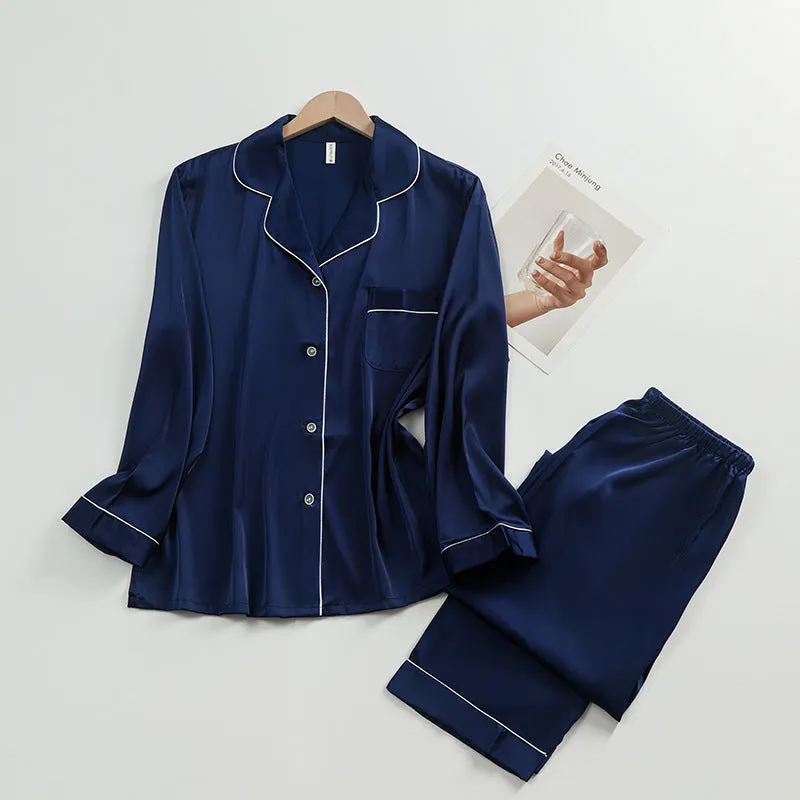 Women's Silk Lapel Collar Long Sleeved Shirt and Pants Pajamas Set