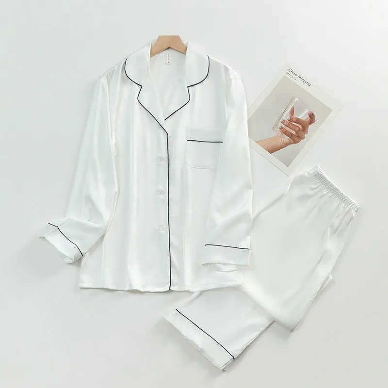 Women's Silk Lapel Collar Long Sleeved Shirt and Pants Pajamas Set