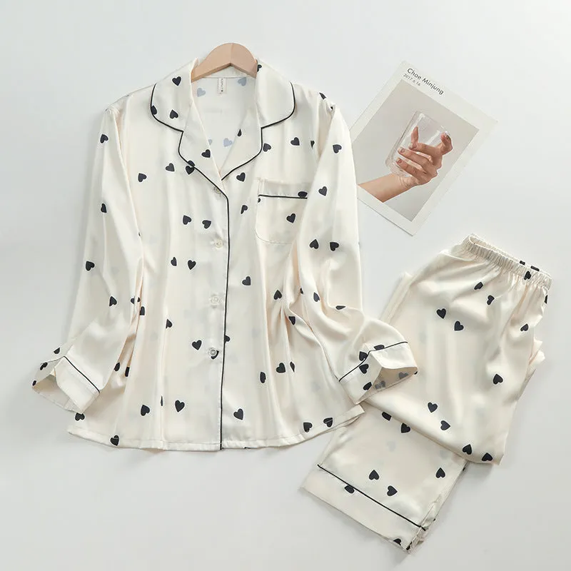 Women's Silk Lapel Collar Long Sleeved Shirt and Pants Pajamas Set