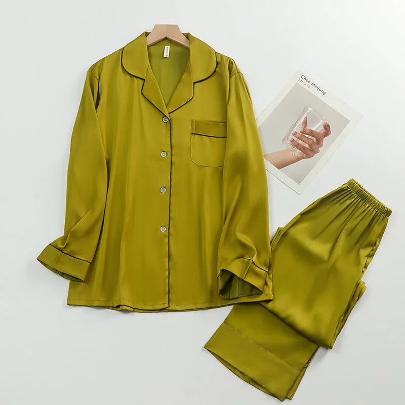 Women's Silk Lapel Collar Long Sleeved Shirt and Pants Pajamas Set