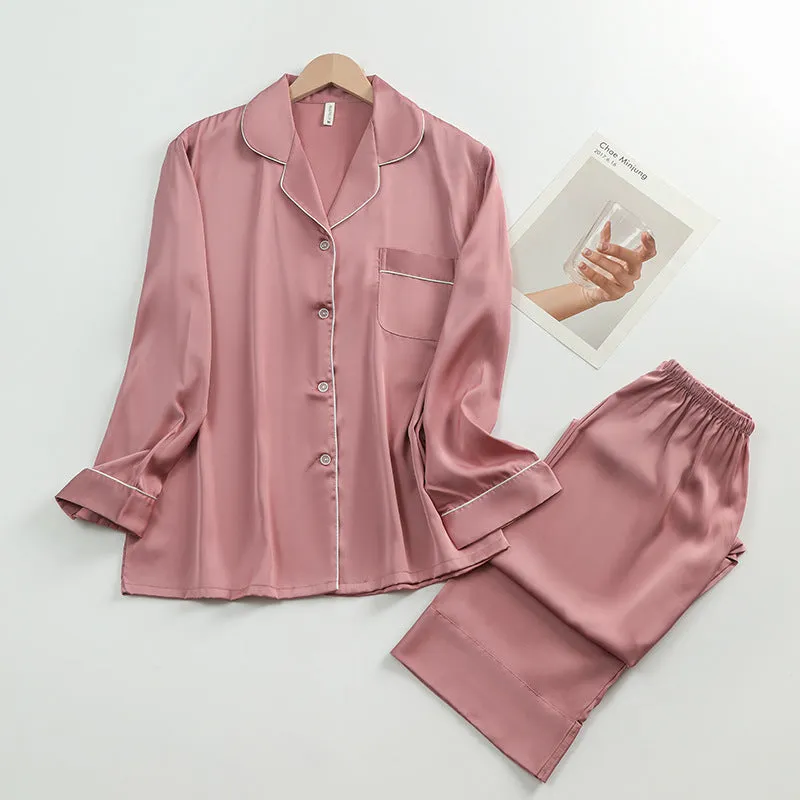 Women's Silk Lapel Collar Long Sleeved Shirt and Pants Pajamas Set