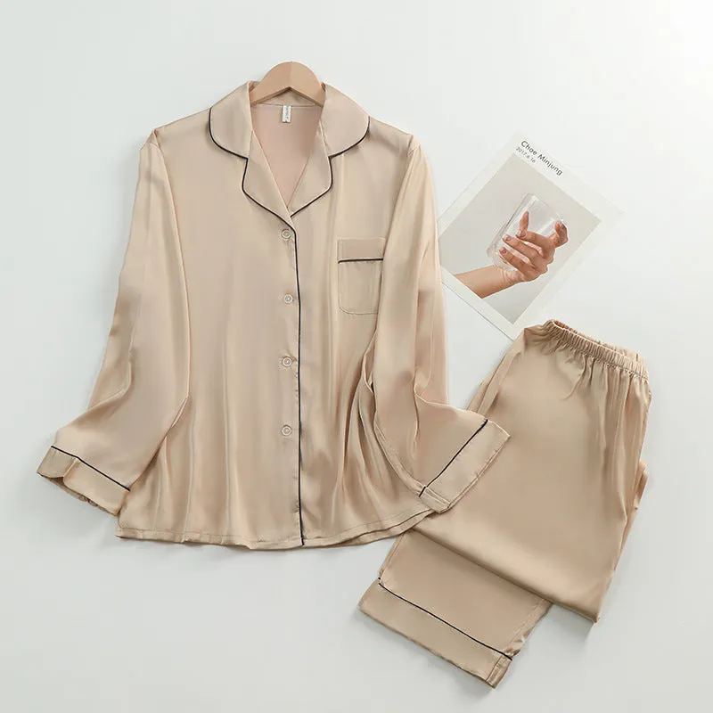 Women's Silk Lapel Collar Long Sleeved Shirt and Pants Pajamas Set