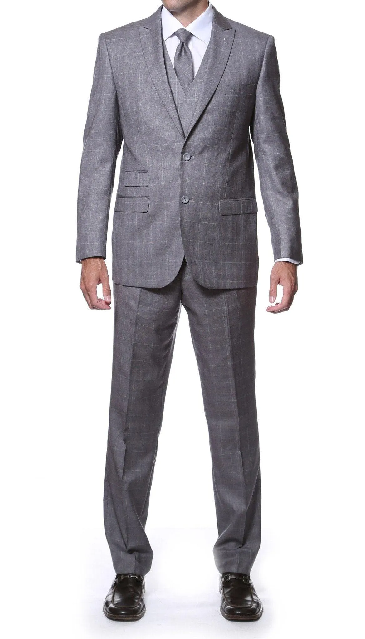 Zillo Grey 3 Piece Vested Slim Fit Plaid Suit