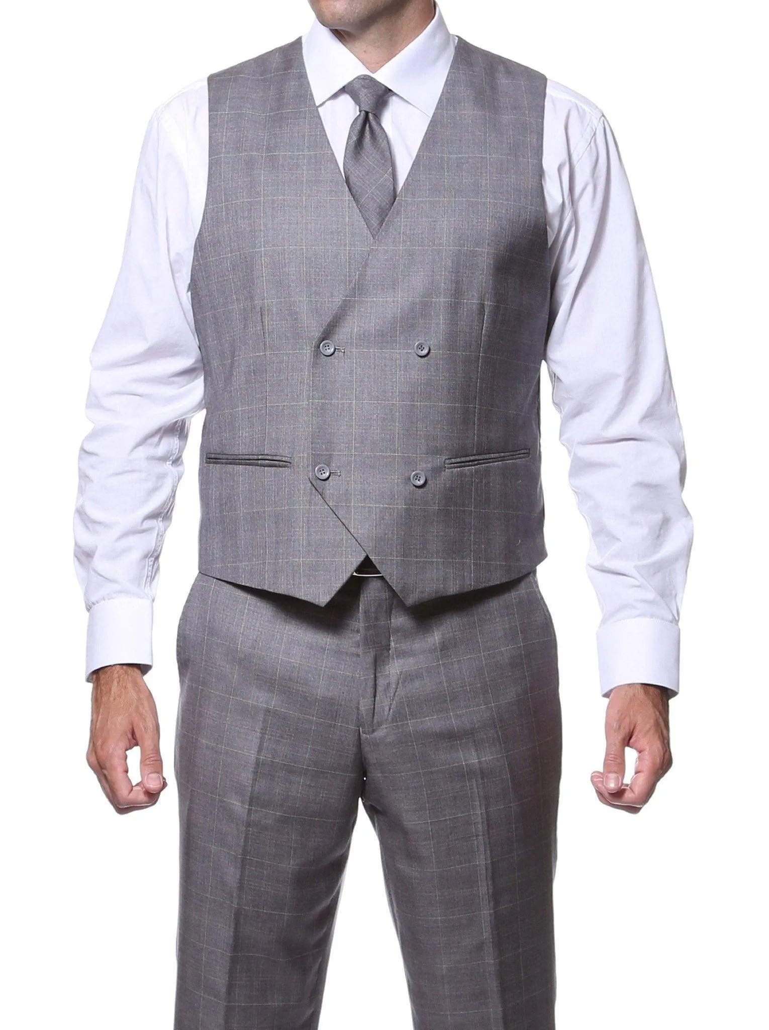 Zillo Grey 3 Piece Vested Slim Fit Plaid Suit