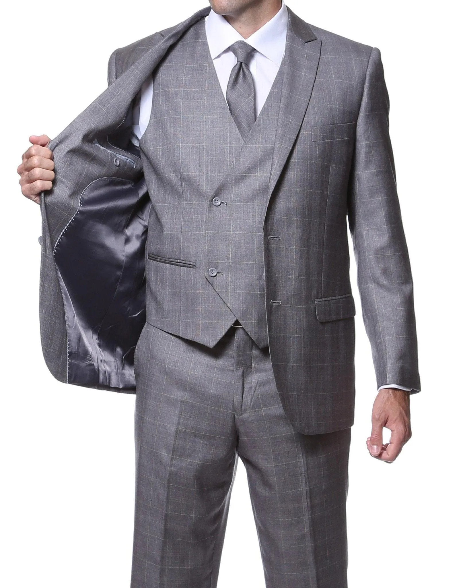 Zillo Grey 3 Piece Vested Slim Fit Plaid Suit